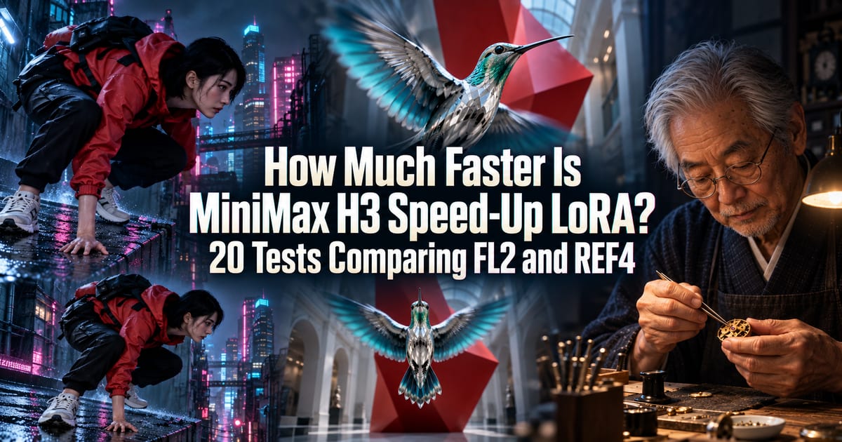 LoRA de aceleración para MiniMax H3: ¿cuánto más rápido es realmente? Comparativa de 20 vídeos con FL2 y REF4