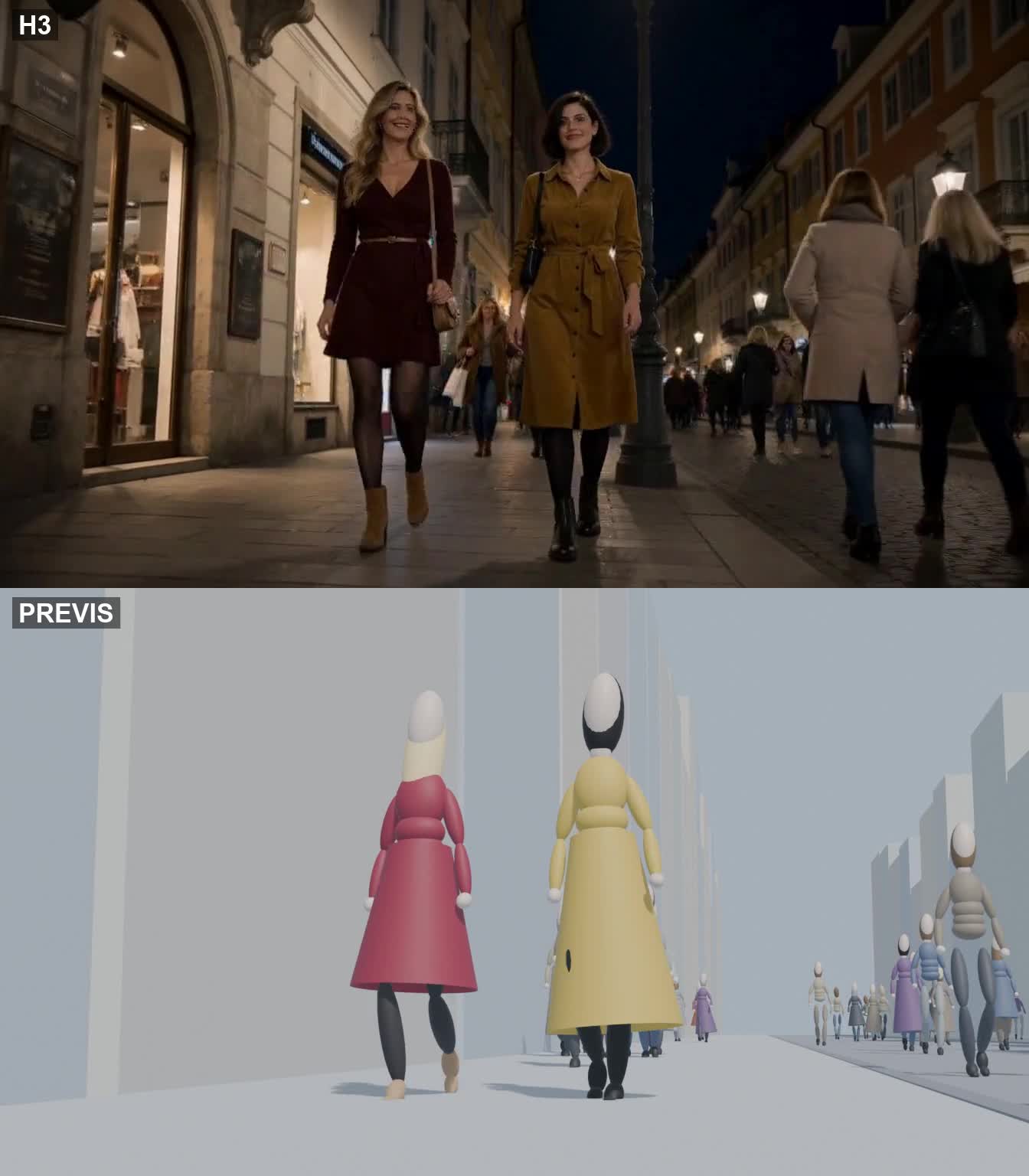 Persona caminando por la ciudad de noche: arriba, generación por IA; abajo, previs