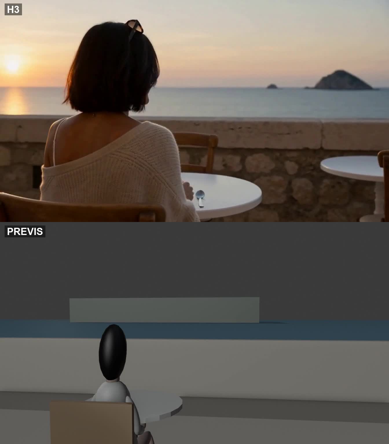 Café junto al mar: arriba, generación por IA; abajo, previs