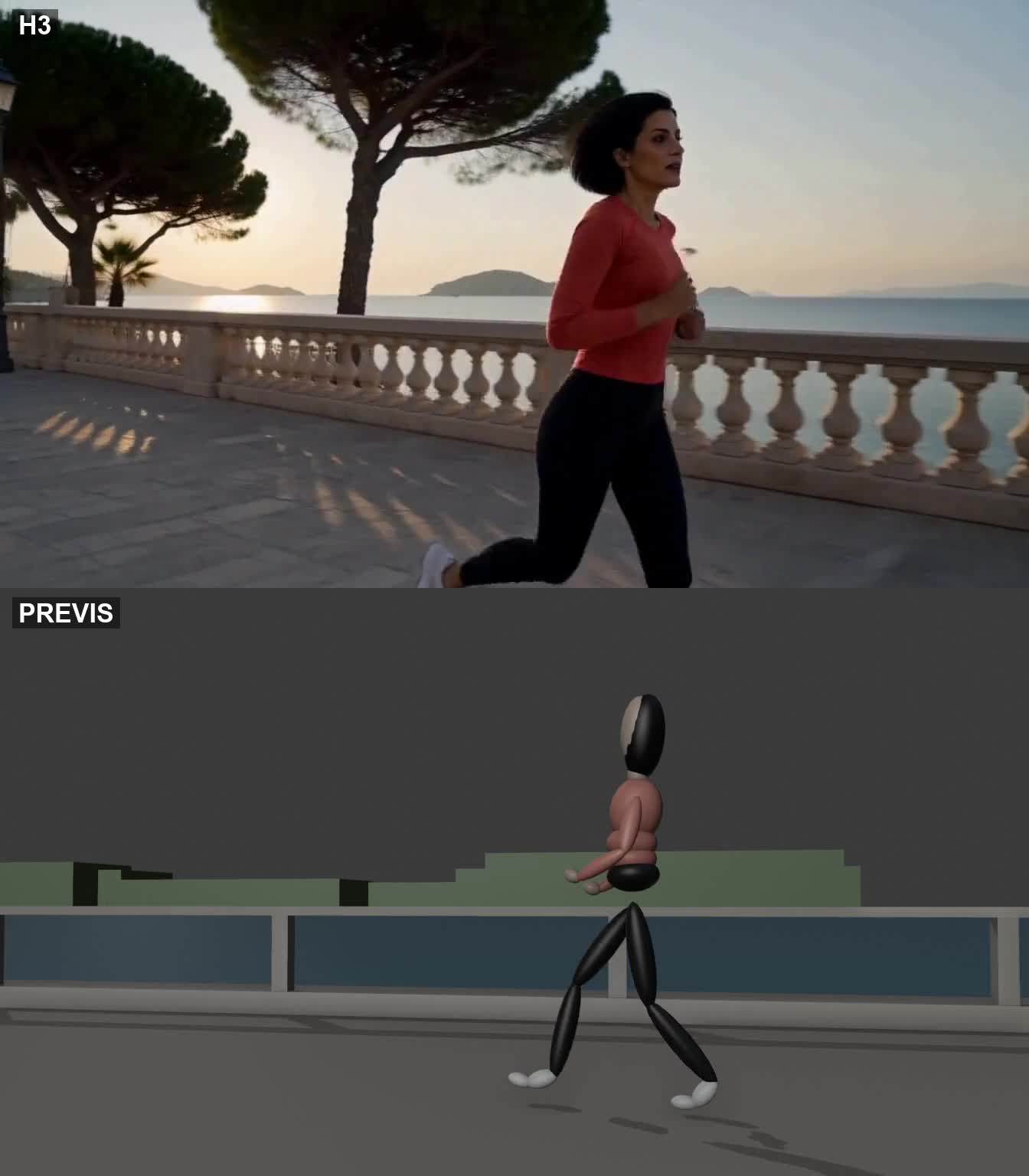 Carrera junto al mar: arriba, generación por IA; abajo, previs
