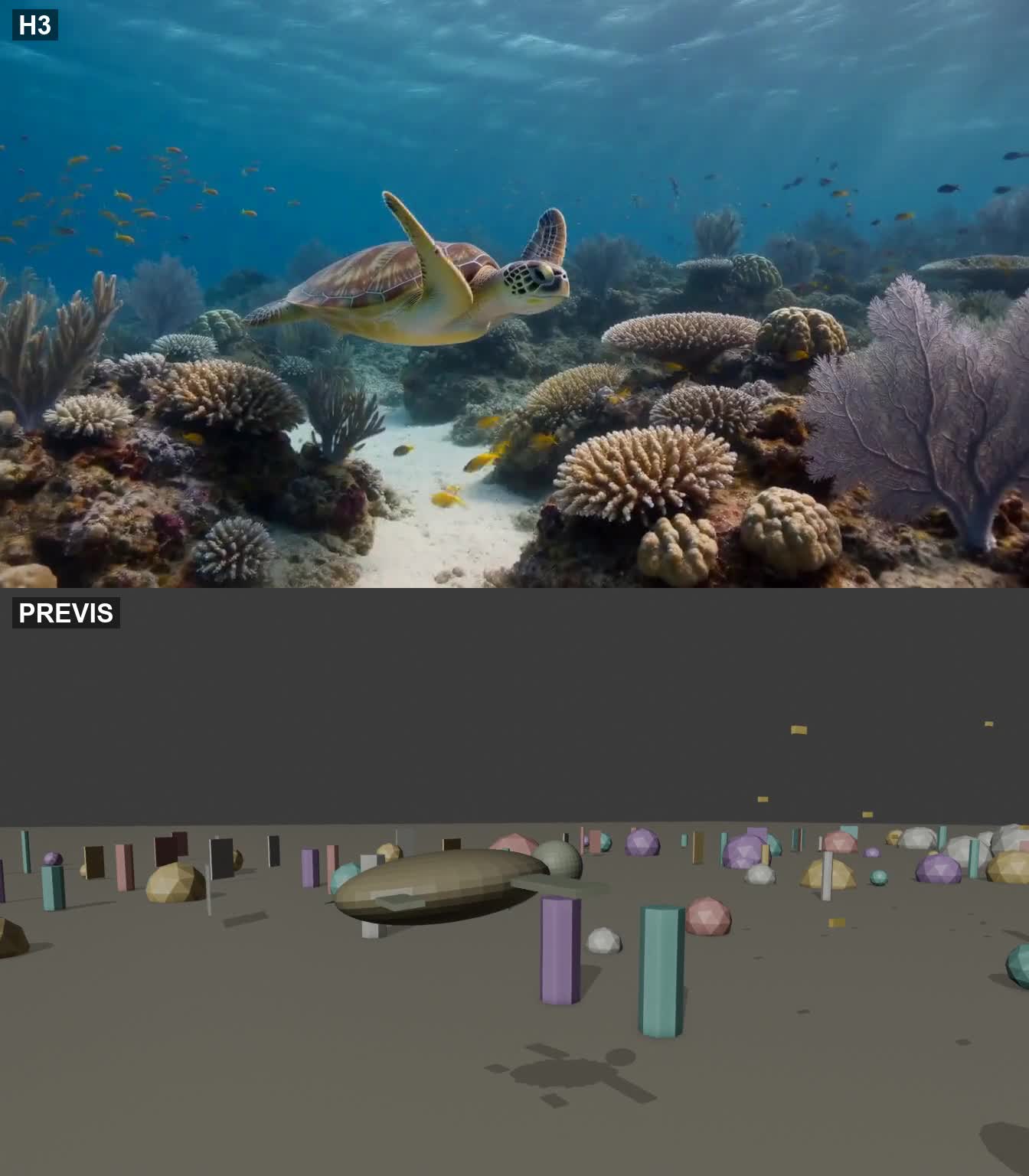 Tortuga marina bajo el agua: arriba, generación por IA; abajo, previs